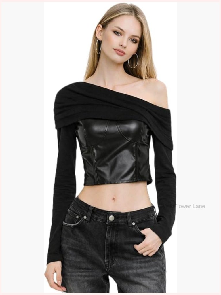 Off-Shoulder Corset Top, Faux Leather, Long Sleeve Cropped Blouse, Streetwear